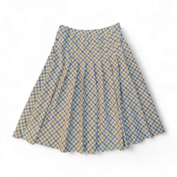 Molly Green Plaid Pleated Midi Skirt Sz L Neutral Fall Preppy Academia Aesthetic - Picture 2 of 7